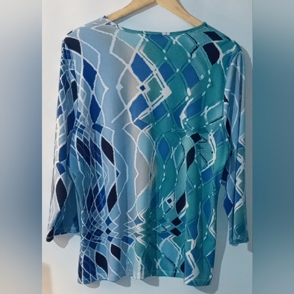 Allison Daley Large Blue Teal Abstract Geometric Blouse 3/4 Sleeve Knit Top L - Picture 4 of 7